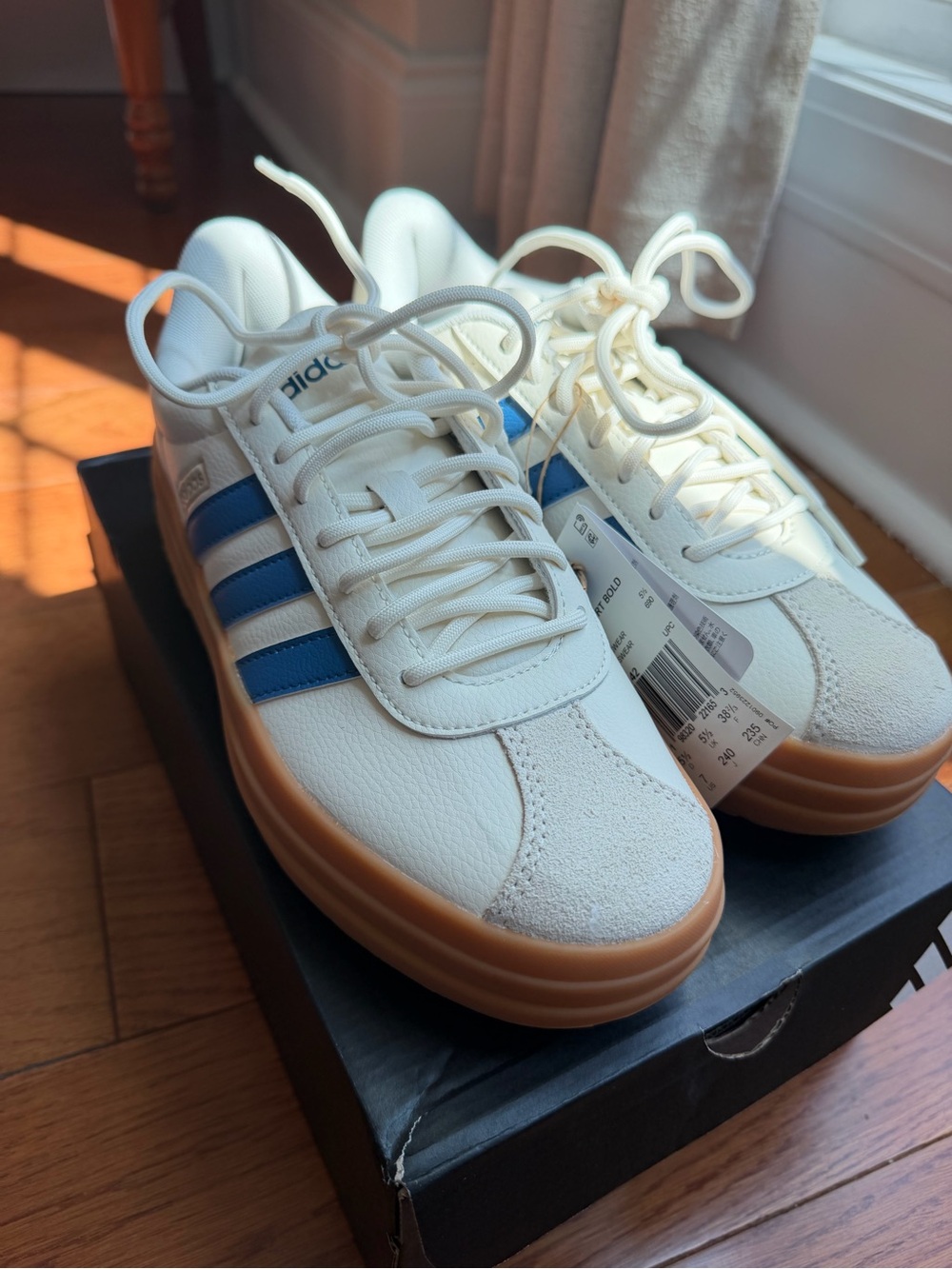 VL Court Bold Women’s adidas White Sneakers with Blue Stripes and Gum Sole